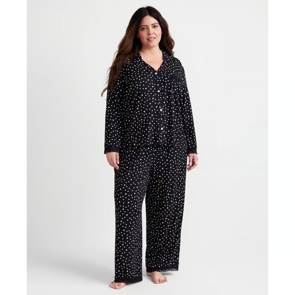 State of Day Black Dot & Heart Collared Knit Pajama Set Black NEW - Picture 1 of 3
